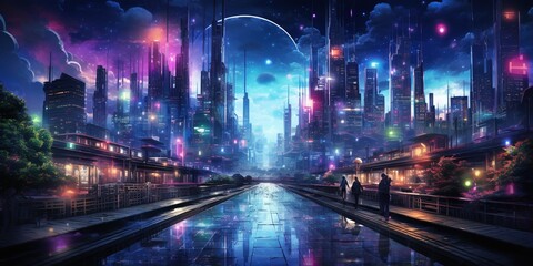 Sticker - Cyberpunk streets illustration, futuristic city, dystoptic artwork at night