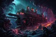 Fantasy underwater world. 3D illustration. Fantasy landscape with ship, deep sea mining,  AI Generated