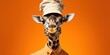 Giraffe in a chef's hat on an orange background.