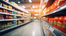 Blurred background grocery supermarket. shopping mall background, business concept copy space. Supermarket aisle and shelves blur background AI.