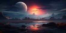 Landscape Of An Alien Planet, View Of Another Planet Surface, Science Fiction Background.