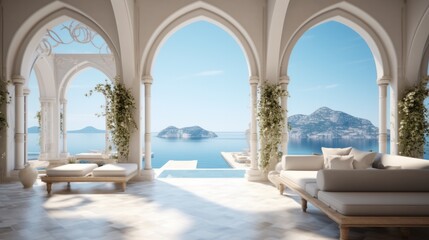 Poster - Luxury villa on the coast in the style of light-filled interiors, arched doorways.