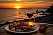 two glasses of red wine on the beach at sunset with shrimps, mussels and mussels, Dinner with seafood and red wine on the background of sea sunset, AI Generated