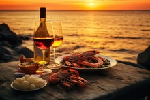 Glass Of White Wine Served With Shrimps And Mussels On The Beach At Sunset, Dinner With Seafood And Red Wine On The Background Of Sea Sunset, AI Generated