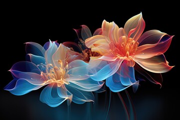 Poster - Abstract flowers on a black background. Digital painting. 3d rendering, Digital technology transparent colorful flowers abstract graphics, AI Generated