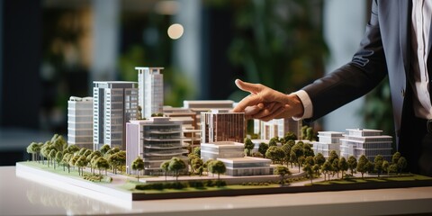 Real estate development. businessman or architect showing new business office complex scale model