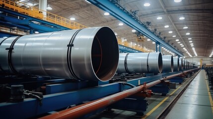 Fototapete - New manufactured pipes on roller conveyor, Modern seam pipe production line in heavy industrial plants.