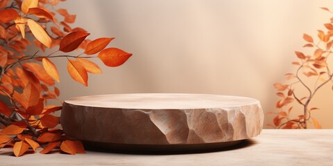 Poster - Stone pedestal with orange leaves, fall background. Product display design, minimal mockup template.