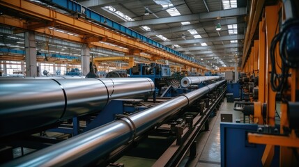 Poster - New manufactured pipes on roller conveyor in heavy industrial plants.