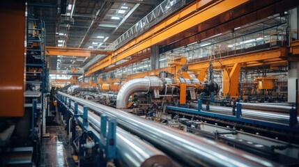 Poster - Modern seam pipe factory production line, New manufactured pipes.