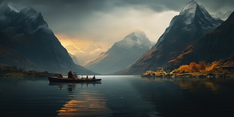 Wall Mural - A boat is sitting on the water in front of a mountain range.