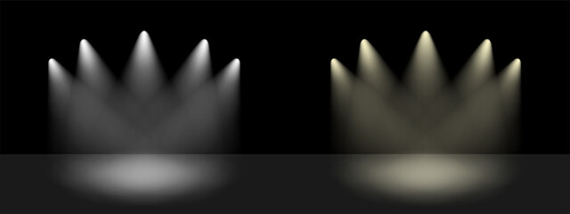 Poster - Spotlight ray stage effect. Spot light beams shine on black background to bright up scene. Scene vector illustration.