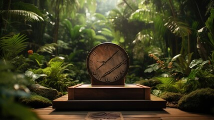 Poster - Product presentation with a wooden podium set amidst a lush tropical forest.