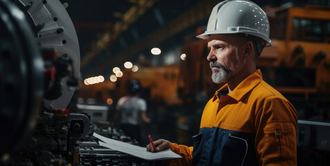 Aufkleber - Engineer quality control inspector inspection on steel machinery and manufacturing process in heavy industry factory.