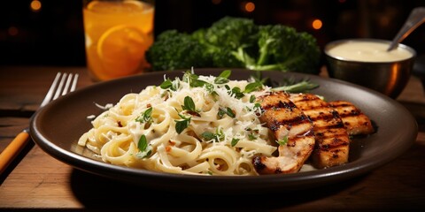 Wall Mural - A plate of chicken alfredo with a fork and a glass of orange juice.
