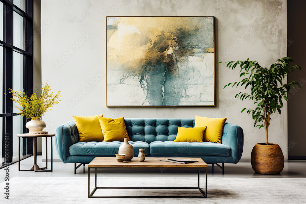 Loft home interior design of modern living room. Dark turquoise tufted ...