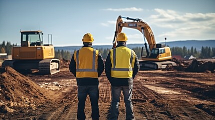Fototapete - Two engineer wearing helmets conversing by the bulldozer and excavator background at construction site.
