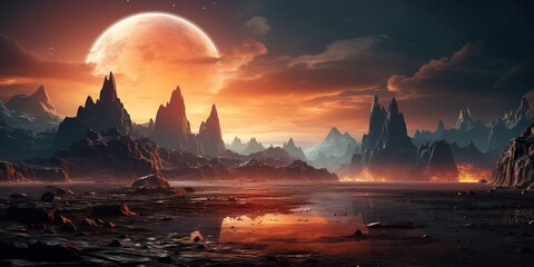 Sticker - Alien planet landscape with glowing sun and mountains with fantastic rocks formations