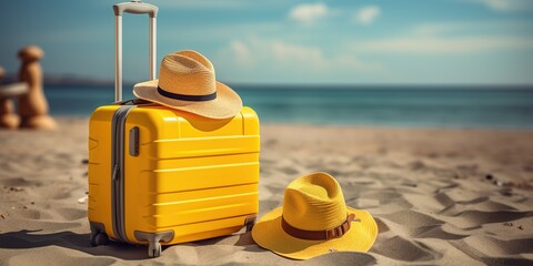 Baggage travel. yellow suitcase with travel accessories such as sunglasses, hat and camera on sea beach background.