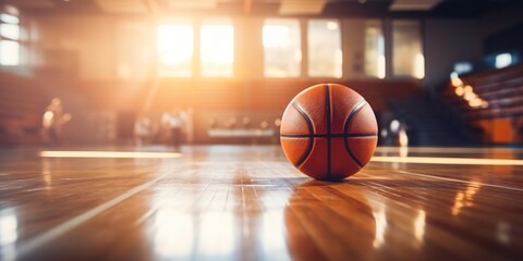 Basketball ball lying on floor on sport arena, stadium with sun light coming into gym