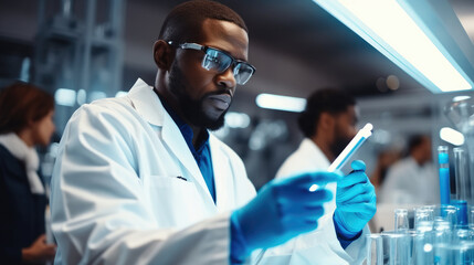 Poster - Science research, Black man check test tube for Test Analysis in Advanced Scientific Lab for Medicine, Biotechnology, Microbiology Development.