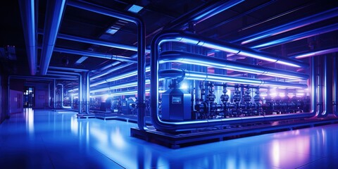 Poster - clean shining interior of the plant. thick blue pipes system lit with neon light
