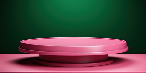 Canvas Print - Empty round pink podium on green background with magenta curtains. Scene stage showcase for your products, promotion sale or advertising.