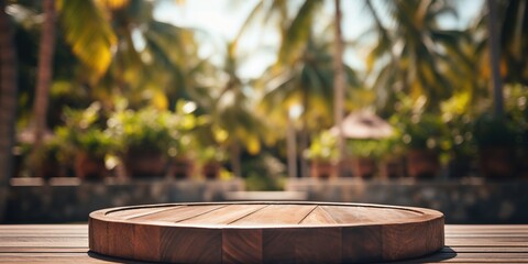 Wall Mural - Empty round wooden podium on wooden table opposite tropical spa resort background with palm trees.