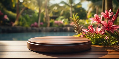 Poster - Empty round wooden podium with tender exotic fowers on wooden table opposite tropical spa resort background. Scene stage showcase for beauty and spa products, cosmetics, promotion sale or advertising