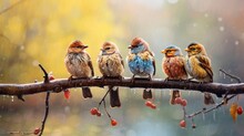 Funny Many Little Birds Sparrows Sitting On A Branch In A Bright Autumn Park Under The Cold Rain. AI Generated