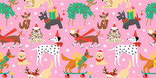 Seamless Pattern With Cute Cartoon Dogs Wearing Different Christmas Outfits.  Hand Drawn Vector Illustration. Funny Xmas Background.