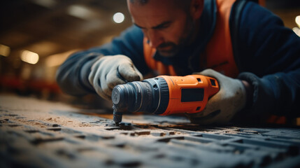 Aufkleber - Worker holding a cordless drill in one hand, Drilling holes in the floor tile.
