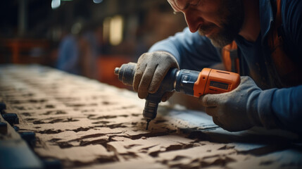 Aufkleber - Worker holding a cordless drill in one hand, Drilling holes in the floor tile.