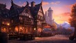 the big medieval fantasy tavern in a town with beautiful sunset sky scenery. 