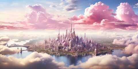 Poster - The landscape of the fairy - tale city of skyscrapers and tall buildings in pastel pink clouds. A fantasy destination from a bird's eye view.