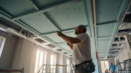 Aufkleber - Workers fitting panel into frame of ceiling at home under construction.