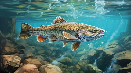 Trout in the pool at the fish farm, illustration, Fish, fishing, animal, aquaculture, pisciculture and mariculture.