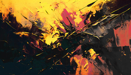 Wall Mural - Abstract oil painting, gold yellow, pink, black brush strokes background, wallpaper, paint texture, bold art, expressive artwork, fine realistic detail, modern style, evoking vibrant emotions, feeling