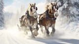 Fototapeta Konie - Portrait of a team of coldblood draft horses pushing a sleigh in front of a snowy winter mountain landscape