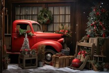 An Old Red Truck With Christmas Decorations In A Rustic Garage