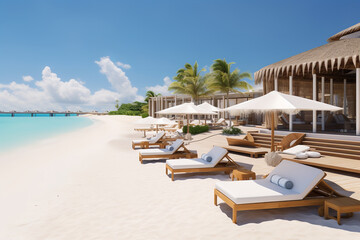 Sticker - Feel the call of the beach at a hotel's shoreline, where pristine cabanas dot white sands, azure waters beckon