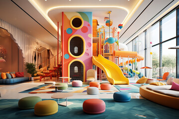 Canvas Print - Dive into a world of fun in a family-friendly hotel's children's play area, bursting with vibrant toys, climbing adventures, 
beloved animated characters, and kids lost in imaginative play.