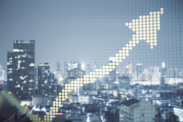 Aufkleber - Creative yellow pixel upward arrow on blurry city backdrop. Growth, success business and up concept. Toned image. Double exposure.