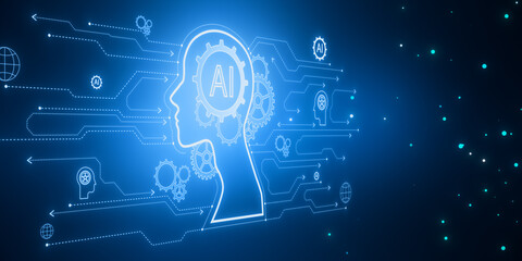 Aufkleber - Creative AI head outline hologram with circuit on blurry blue backdrop. 3D Rendering.