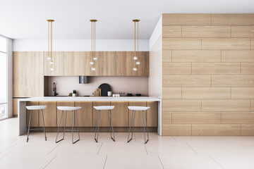 Poster - Modern wooden kitchen interior with blank mock up place on wall, furniture and panoramic window with city view and daylight. 3D Rendering.