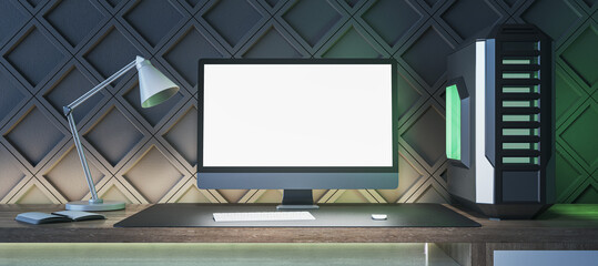 Poster - Creative gamers desktop with empty white computer display, lamp and system unit on decorative black wall background. Gaming concept. Mock up, 3D Rendering.