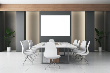 Poster - Modern meeting room interior with empty white mock up banner, furniture and concrete flooring. 3D Rendering.