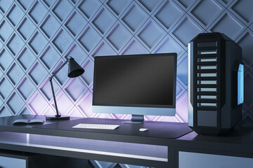Aufkleber - Creative gamers desktop with empty computer screen, lamp and system unit on decorative blue wall backdrop. Gaming concept. Mock up, 3D Rendering.