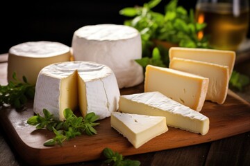 Poster - shot of matured cheese wheels next to fresh cheese cut