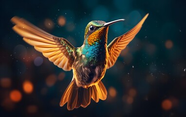 slow motion close up of a hummingbird feeding on a crocosima flower. enerative ai